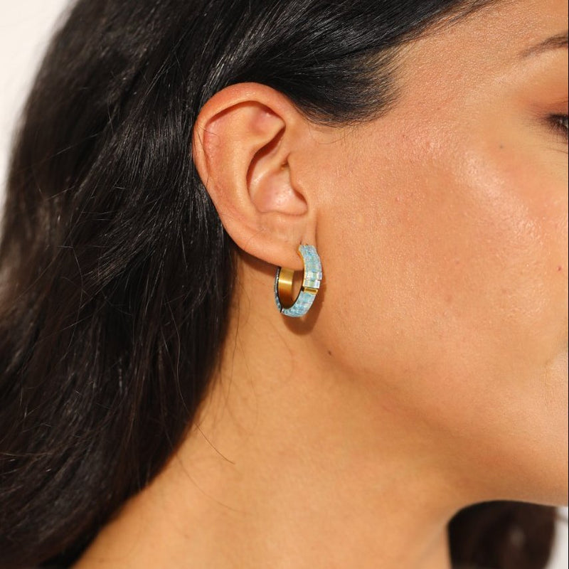 Marina - handmade Miyuki bead earrings worn, boho-chic Paris style