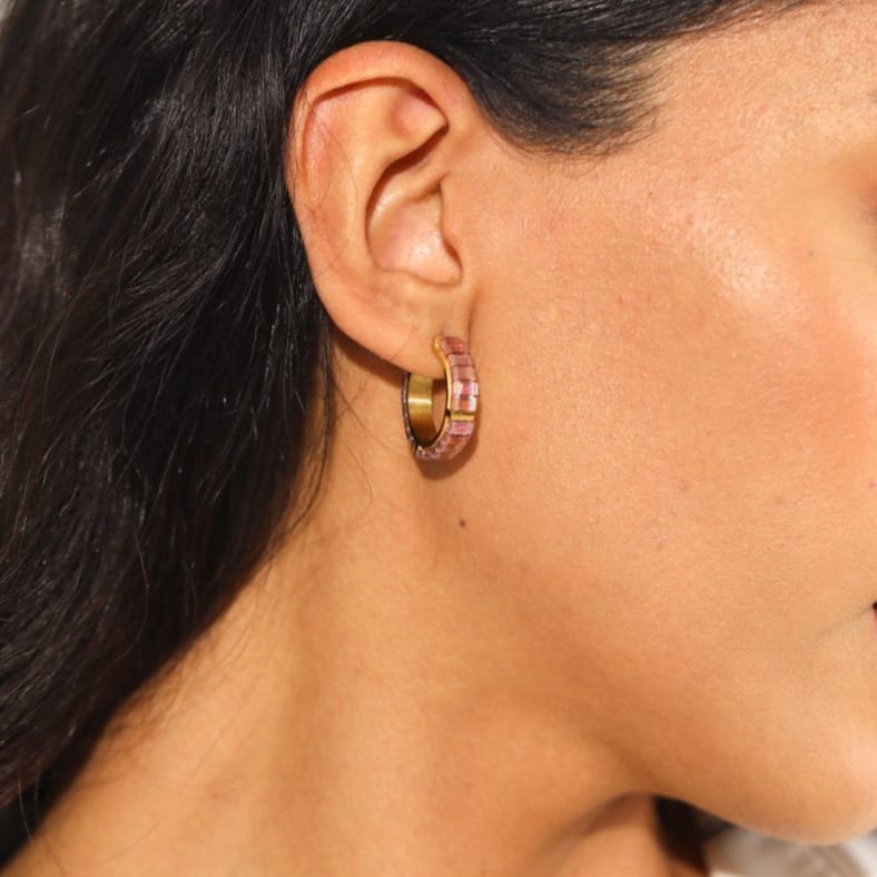 Kyra - handmade Miyuki bead earrings worn, boho-chic Paris style