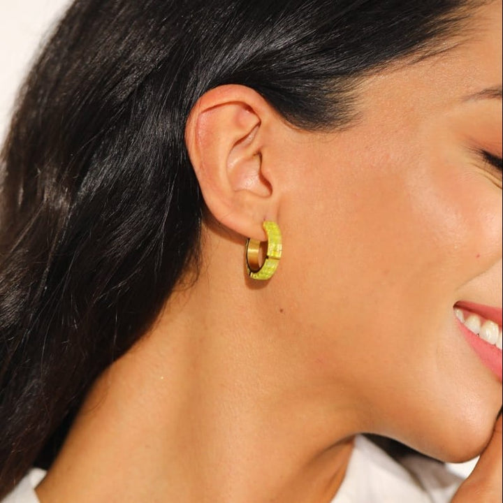 Nathalie - handmade Miyuki bead earrings worn, boho-chic Paris style